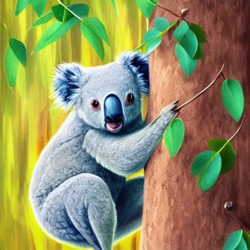 Prompt: Koala with hat eating eucalyptus, digital art, artstation