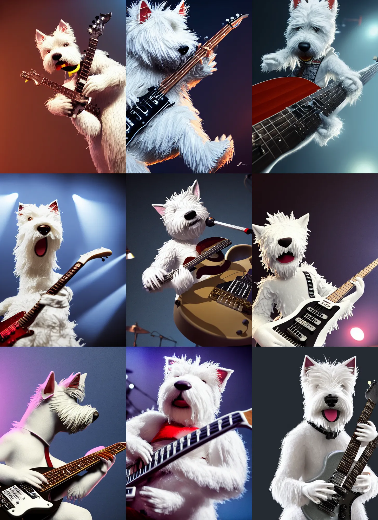 Prompt: a high detail shot of an Anthropomorphic west highland white terrier Guitarist, playing electric guitar, on rock concert stage, photorealism, sharp focus, volumetric lighting, epic lighting, artstation, cgsociety, uhd