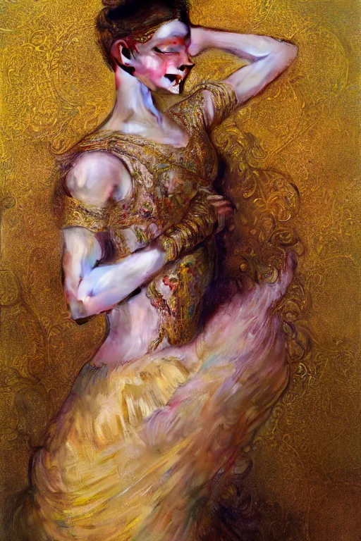 Prompt: an intricate painting of a beautiful young ballerina covered in silk clothes with klimt golden motives and textures, hyper detailed, ornamental gold headpiece, octane render, vivid colors, artstation, by jeremy mann, by alphonse mucha, by boris vallejo