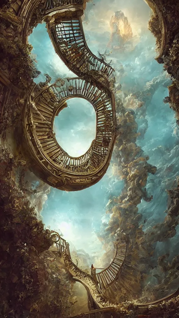 Prompt: a surreal dreamlike scene of an ornate spiral staircase leading to a portal in the sky, extravagant matte painting, highly detailed oil painting, 8k, devastatingly beautiful atmosphere, elegant cinematic fantasy art, overwhelming depth and detail, magic, vibrant colors, intricate masterpiece