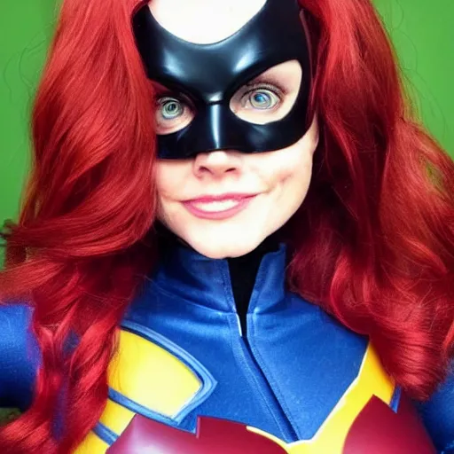 Image similar to Barbara Gordon with her Batgirl mask off gorgeous face and dark red hair with her Superhero outfit half unzipped 8k ultra realistic