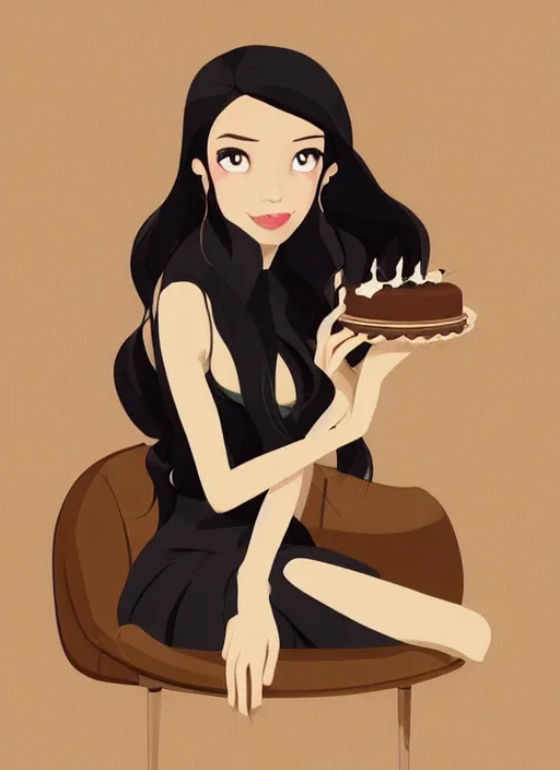 Prompt: beautiful woman with long black hair, tan skin, hourglass figure, princess gown sitting in an armchair eating cake. clean cel shaded vector art. shutterstock. behance hd by lois van baarle, artgerm, helen huang, by makoto shinkai and ilya kuvshinov, rossdraws, illustration,