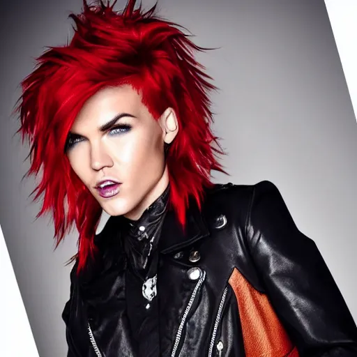 Image similar to Ruby Rose with spiky red hair and copper eyes