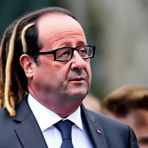 Prompt: François Hollande with dreadlocks, lots of dreadlocks on the head, short dreadlocks with beads