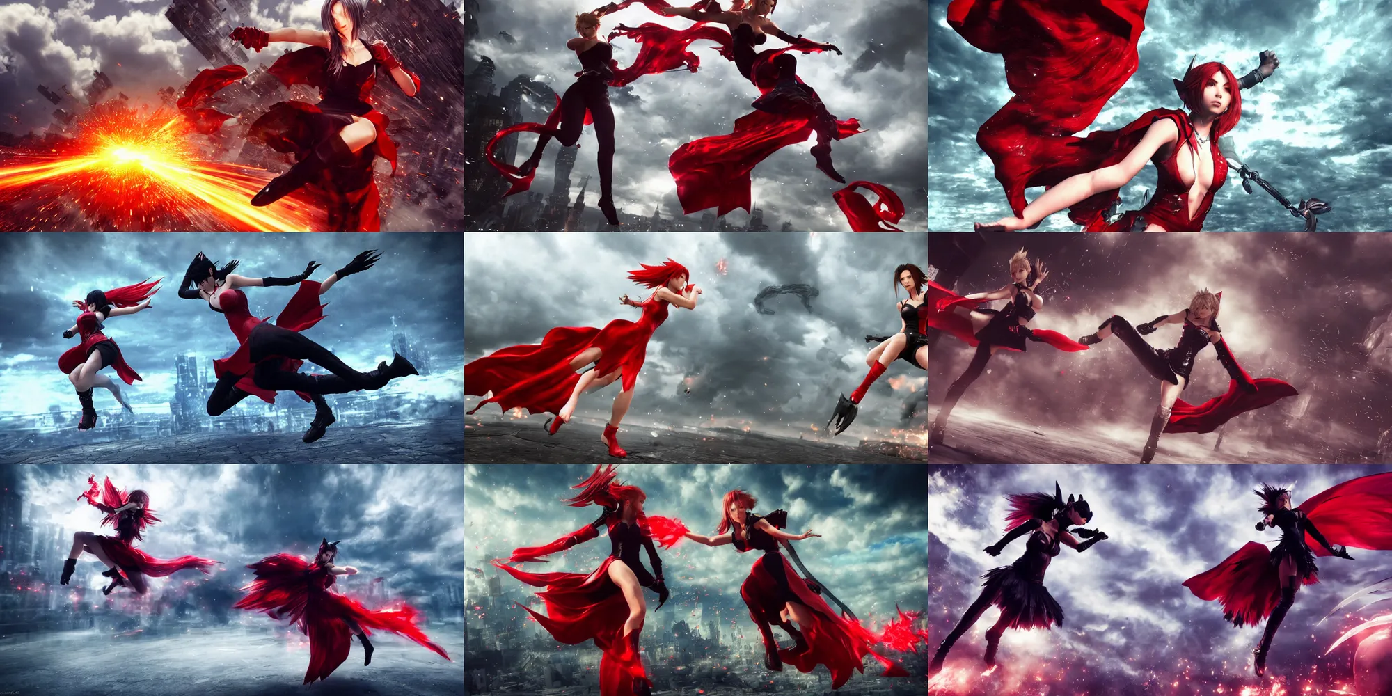 Prompt: epic scene of ( most gorgeous final fantasy 7 character hyper detail in amazing red dress, ) ( fighting ) ( catwoman in a black tank top ), hyper realistic 3 d render, art station, particles, epic scene, mucha, clouds, jump pose, blur focus, action,