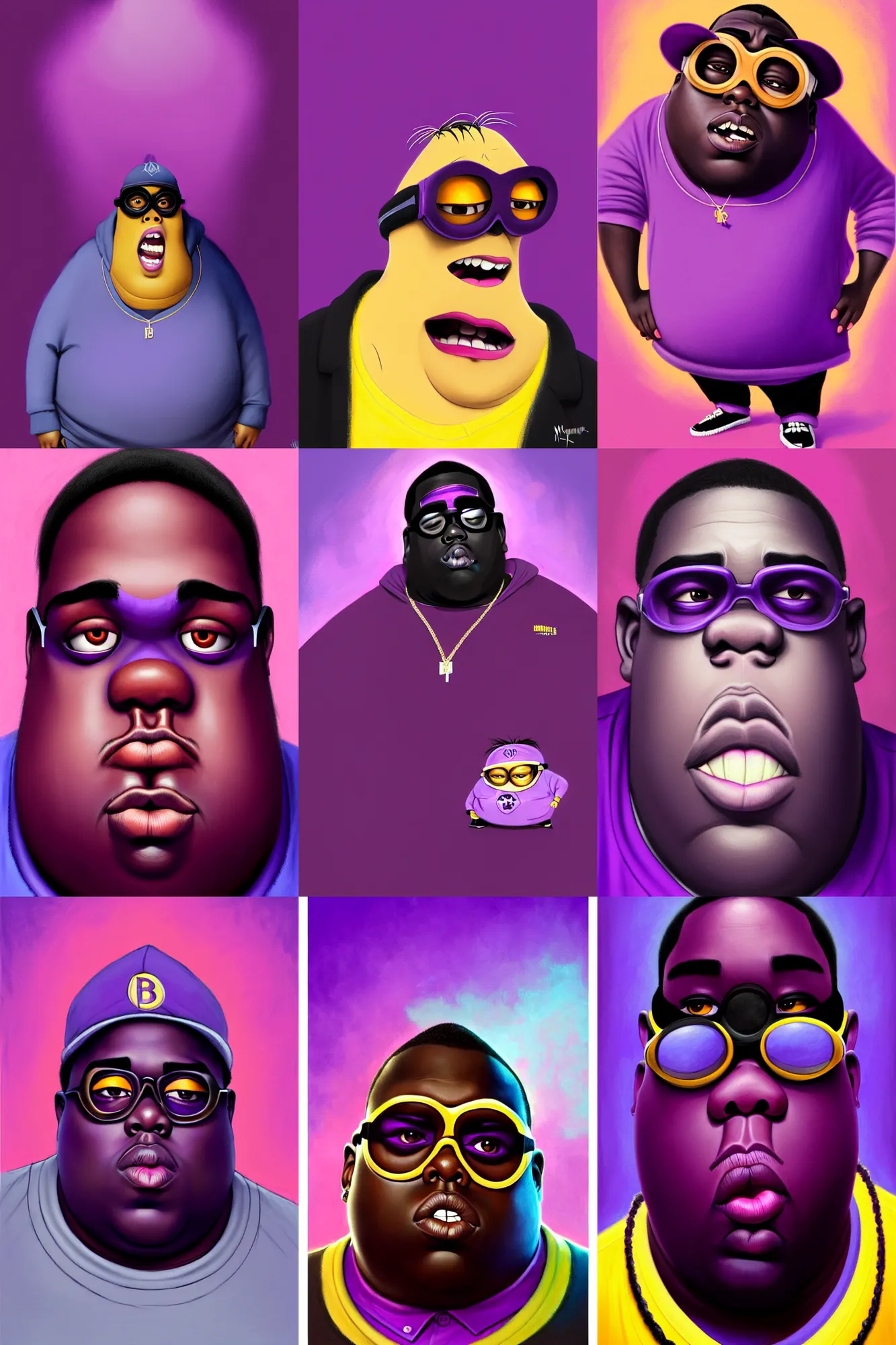 Prompt: the notorious b. i. g. as a purple evil minion from despicable me, animation pixar style, shaded lighting poster by magali villeneuve, artgerm, jeremy lipkin and michael garmash, rob rey and kentaro miura style, trending on art station