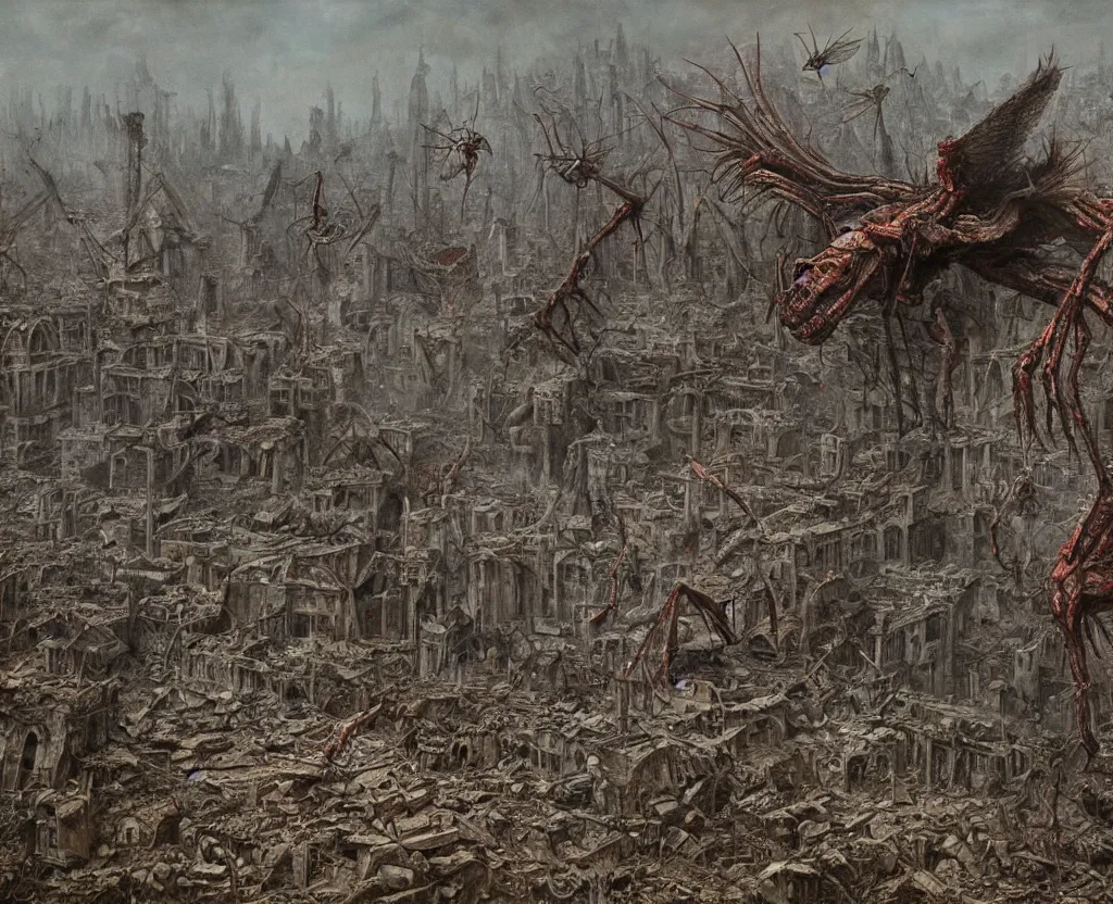 Image similar to Giant mosquito monster flying in the road of the ruined city. Drops of blood and meat with veins on the road. Ruins. Dark colors, high detail, hyperrealism, horror art, 8k, concept art, intricate details, octane render. Zdzisław Beksiński painting, masterpiece