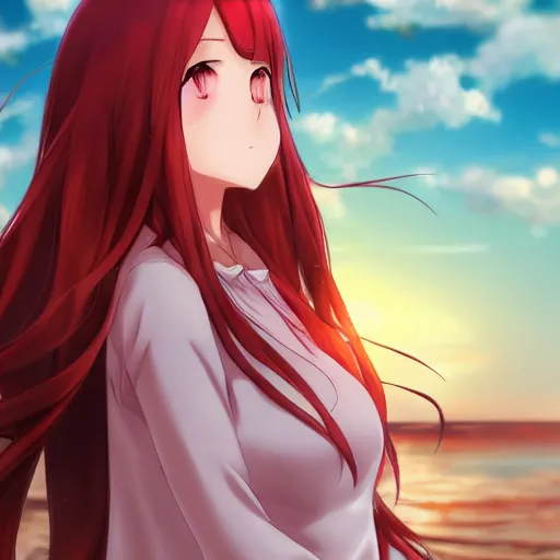 Image similar to beautiful anime girl in a long white dress on a beach. Red hair, dramatic lighting, trending on artstation. Pixiv, Yuru camp, manga cover