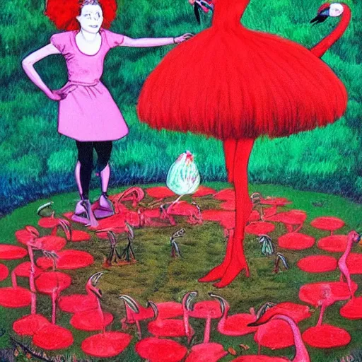 Image similar to The red queen, mad with power, created her red garden for hours and hours, playing croquette with upside-down flamingos; Alice tried to sneak away to the white rabbit's aid