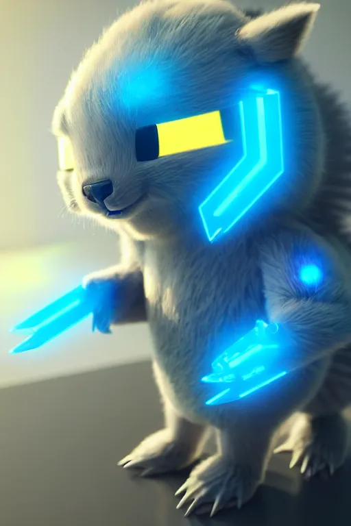 Image similar to high quality 3 d render sci - fi very cute mecha! & fluffy! wombat!! hybrid fighting, highly detailed, unreal engine cinematic smooth, in the style of detective pikachu & blade runner, hannah yata charlie immer, dark blue neon light, low angle, uhd 8 k, sharp focus