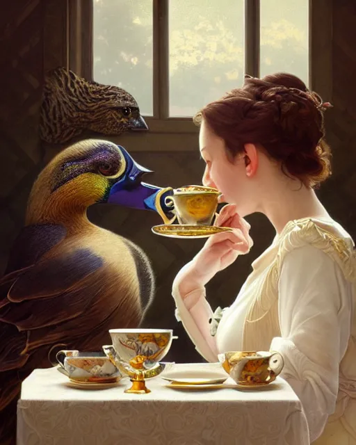 Prompt: Portrait of Anya Anasova & a mallard & a pig having tea at the Ritz, real life skin, intricate, elegant, highly detailed, artstation, concept art, smooth, sharp focus, art by artgerm and greg rutkowski and alphonse mucha