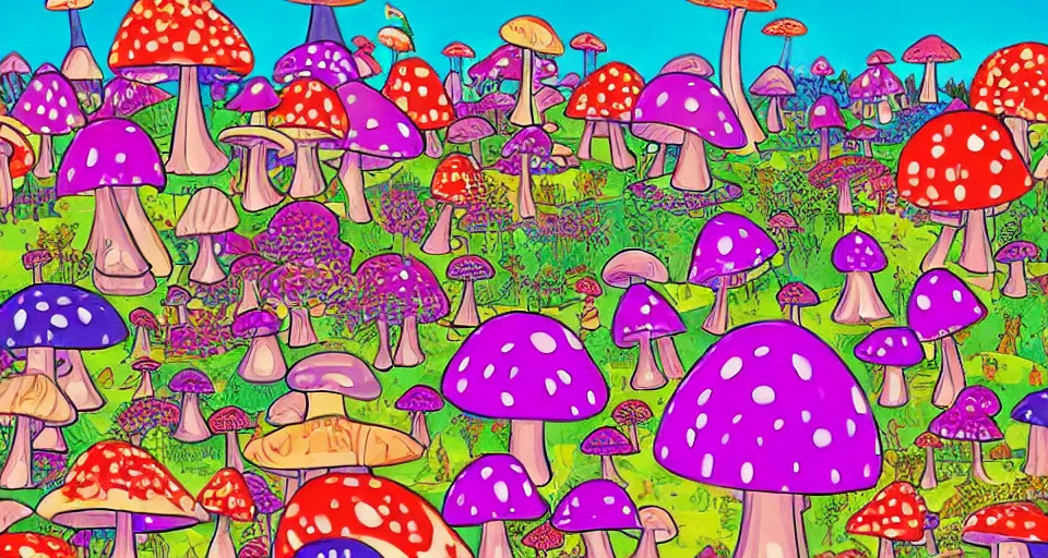 Prompt: A tribal village in a forest of giant mushrooms, by Lisa Frank,