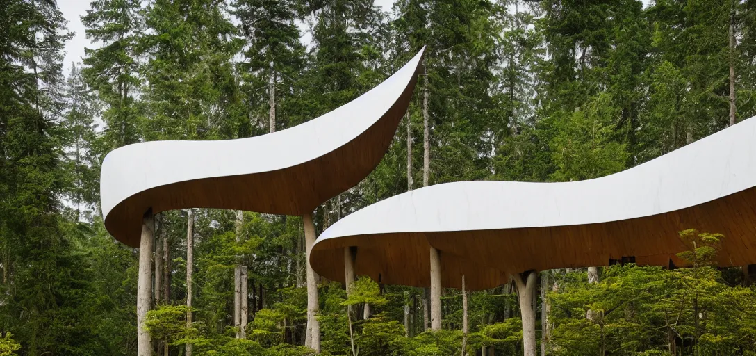 Image similar to curved roof planes lift and descend creating shade and architectural expression, highly detailed, situated in the forest, next to a highly reflective lake, marble, vivid color, high resolution photography, mist, luxury