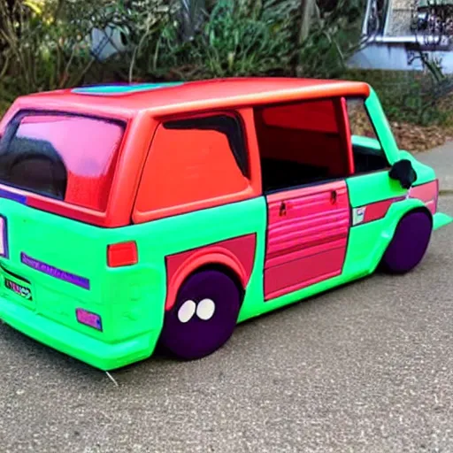 Prompt: 9 0's kids toy arranged in the shape of a scion xb