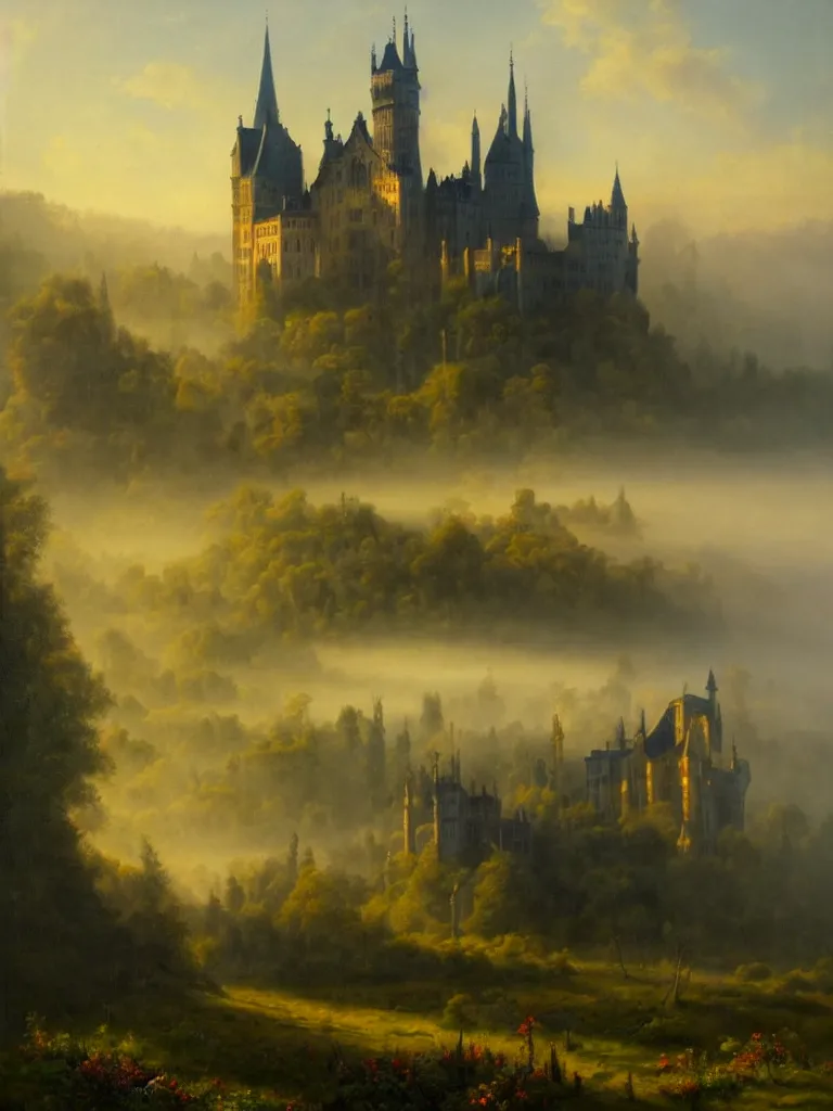 Image similar to a gothic castle in morning's sunlight, mist and dew. 8 k, oil on canvas, hyperdetailed