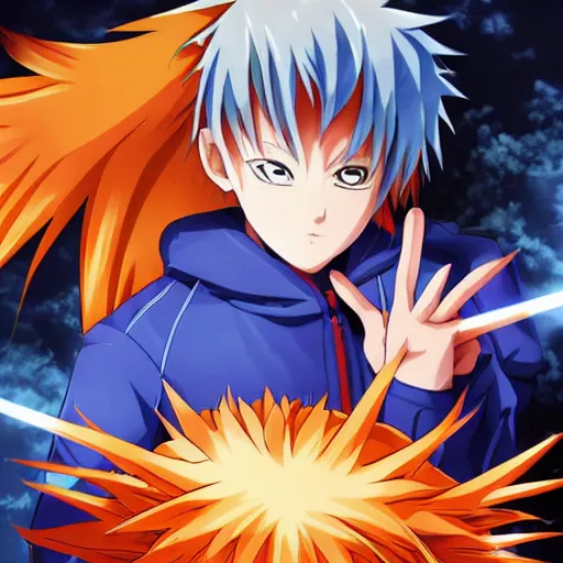 Image similar to orange - haired anime boy, 1 7 - year - old anime boy with wild spiky hair, wearing blue jacket, holding magical technological card, magic card, in front of ramen shop, strong lighting, strong shadows, vivid hues, raytracing, sharp details, subsurface scattering, intricate details, hd anime, 2 0 1 9 anime