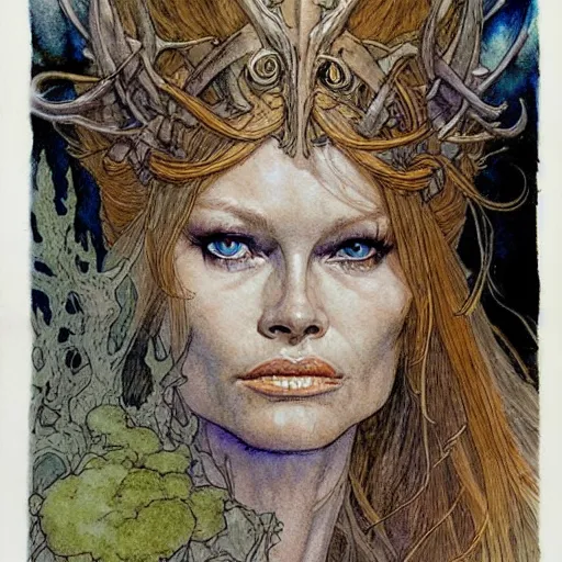 Image similar to a realistic and atmospheric watercolour fantasy character concept art portrait of brigitte bardot as a druidic warrior wizard looking at the camera with an intelligent gaze by rebecca guay, michael kaluta, charles vess and jean moebius giraud