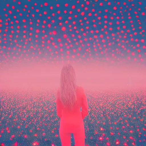 Image similar to a woman standing on steps in a field at night, a hologram by kusama, instagram, optical illusion, full body, ultra hd, neon