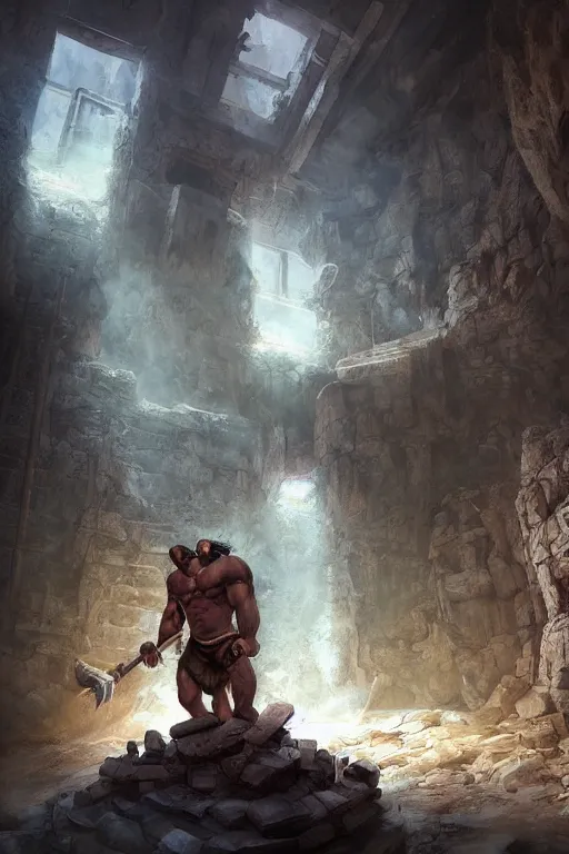 Prompt: huge muscular barbarian in an abandoned mine, Jordan Grimmer, Noah Bradley