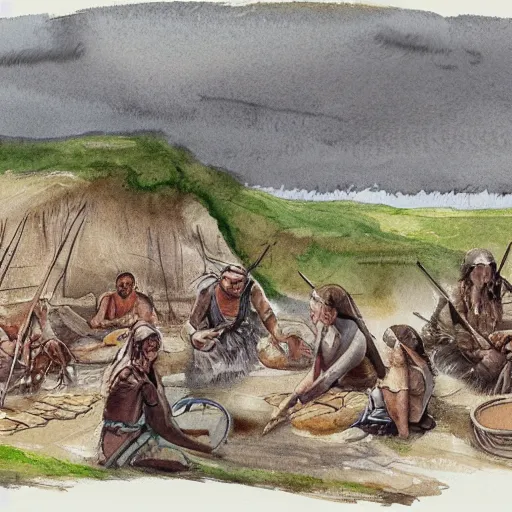 Prompt: watercolor concept sketch of a neolithic tribe living near a riverbank in neolithic england