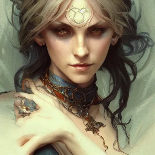 Prompt: A witch, closeup, D&D, intricate, elegant, highly detailed, digital painting, artstation, concept art, matte, sharp focus, illustration, art by Artgerm and Greg Rutkowski and Alphonse Mucha]