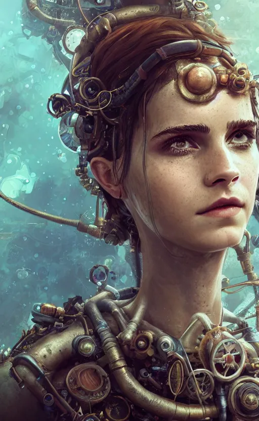 Image similar to underwater steampunk biopunk portrait of emma watson, au naturel, hyper detailed, digital art, trending in artstation, cinematic lighting, studio quality, smooth render, unreal engine 5 rendered, octane rendered, art style by klimt and nixeu and ian sprigger and wlop and krenz cushart.