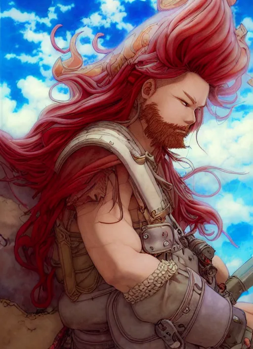 Image similar to prompt : ragnarok online portrait soft light painted by james jean and katsuhiro otomo and erik jones, inspired by akira anime, epic fantasy, a long red haired, red bearded male sky - pirate in front of an airship, intricate oil painting, high detail illustration, sharp high detail, manga and anime 1 9 9 9