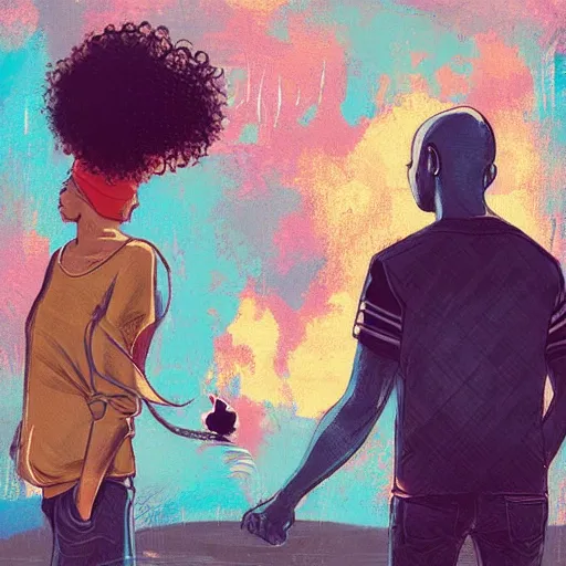 Prompt: a man and a woman, the boy is bald with a brown baseball hat, the girl has short curly black hair, there is also a white cat, art by Alena Aenami