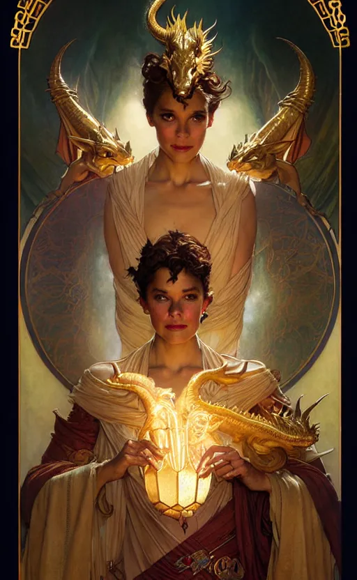 Image similar to magic gold dragon gorgeous lighting by weta studio, mucha, bautista and norman rockwell and greg rutkowski and tom bagshaw and james gurney and lucasfilm