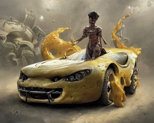 Image similar to a car made of cheese, many holes, concept art by joao ruas, highly detailed, hyperrealistic, artgerm, Tomasz Alen Kopera, Peter Mohrbacher, donato giancola, Joseph Christian Leyendecker, WLOP, Boris Vallejo