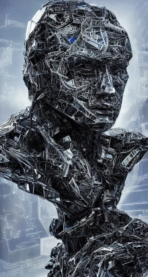 Image similar to hyperrealistic mixed media portrait of a Robot of Vladimir Putin forward angle, stunning 3d render inspired art by P. Craig Russell and Barry Windsor-Smith + perfect facial symmetry + dim volumetric lighting, 8k octane beautifully detailed render, post-processing, extremely hyperdetailed, intricate futuristic mechanic parts, epic composition, grim yet sparkling atmosphere, cinematic lighting + masterpiece, trending on artstation