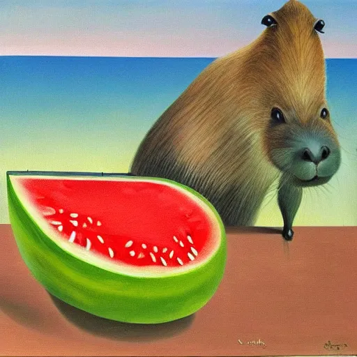 Image similar to Surrealist oil painting of a capybara enjoying a watermelon, as painted by Salvador Dali