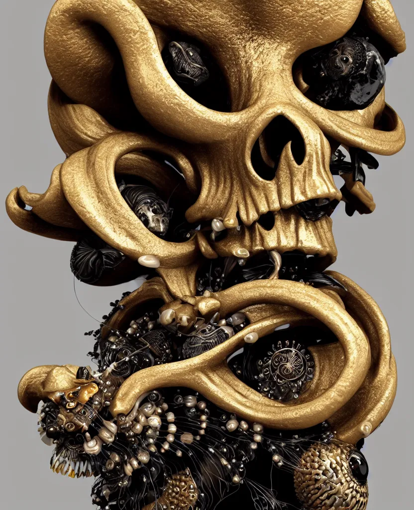 Image similar to goddess princess face close-up portrait ram skull. sculpture made of black clay and gold. jellyfish phoenix head, nautilus, orchid, skull, betta fish, bioluminiscent creatures, intricate artwork by Tooth Wu and wlop and beeple. octane render, trending on artstation, greg rutkowski very coherent symmetrical artwork. cinematic, hyper realism, high detail, octane render, 8k