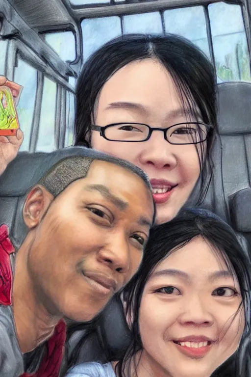 Prompt: last selfie before train accident, realistic, sketch and art by jacqueline e, mongezi ncaphayi, color by bo feng lin