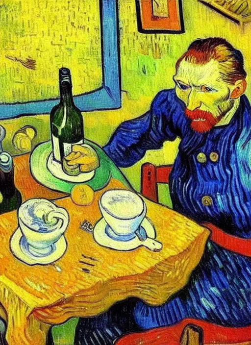 Image similar to good morning, artist painting on a canvas showing breakfast, painting by vincent van gogh, paul gauguin