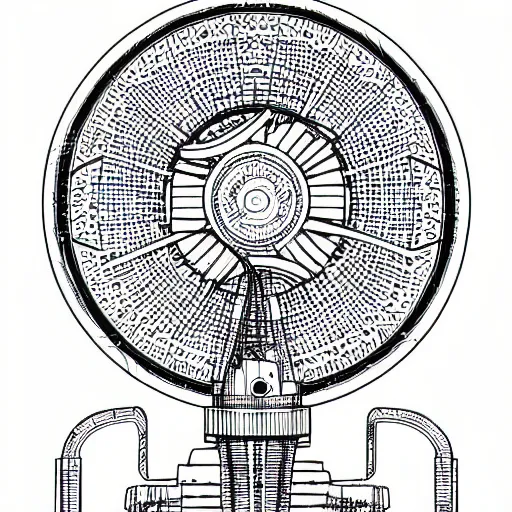 Prompt: Simplistic coloring book of a turbine blueprint, black ball pen on white paper, by Josan Gonzalez and Geof Darrow