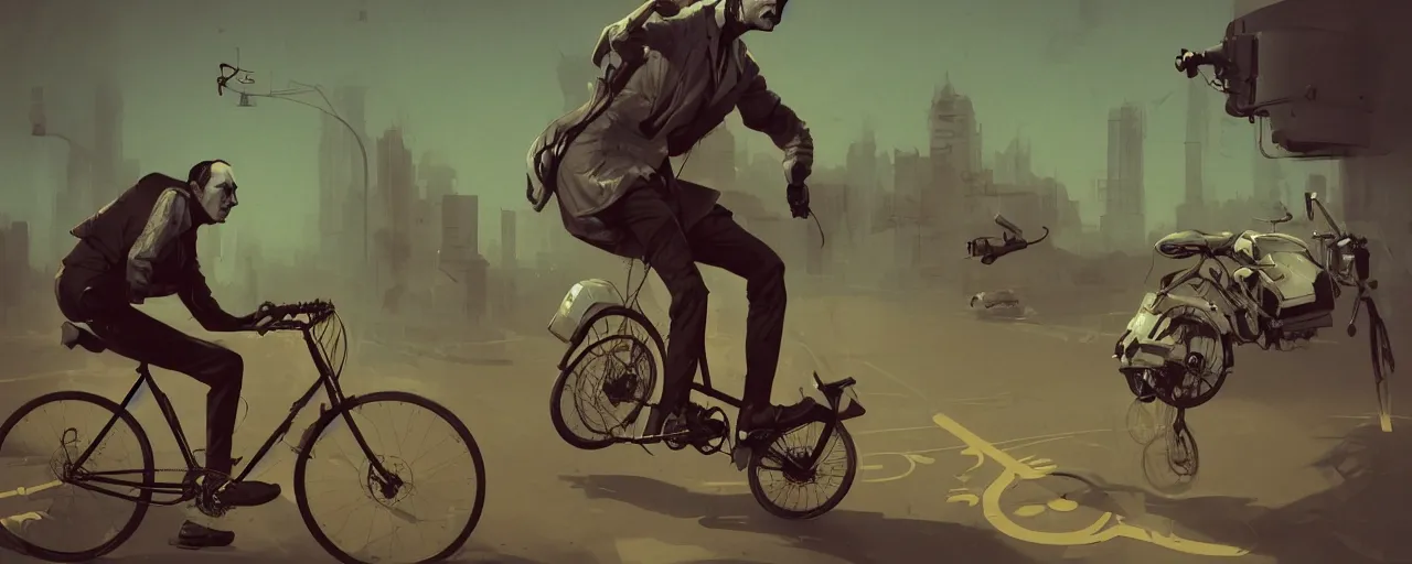 Image similar to duotone noir concept illustration 3 / 4 portrait of dr. albert hofmannn riding a bicycle. cinematic scene. vlumetric lighting. golden rario accidental renaissance. by sachin teng and sergey kolesov and ruan jia and heng z. graffiti art, scifi, fantasy, hyper detailed. octane render. concept art. trending on artstation