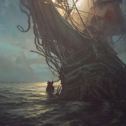 Prompt: pirate on ship's crow nest watching for a land , giant tentacles coming up from the sea ,hyperdetailed,hyperrealistic,photorealistic,art by trevor henderson,greg rutkowski,artstation,deviantart
