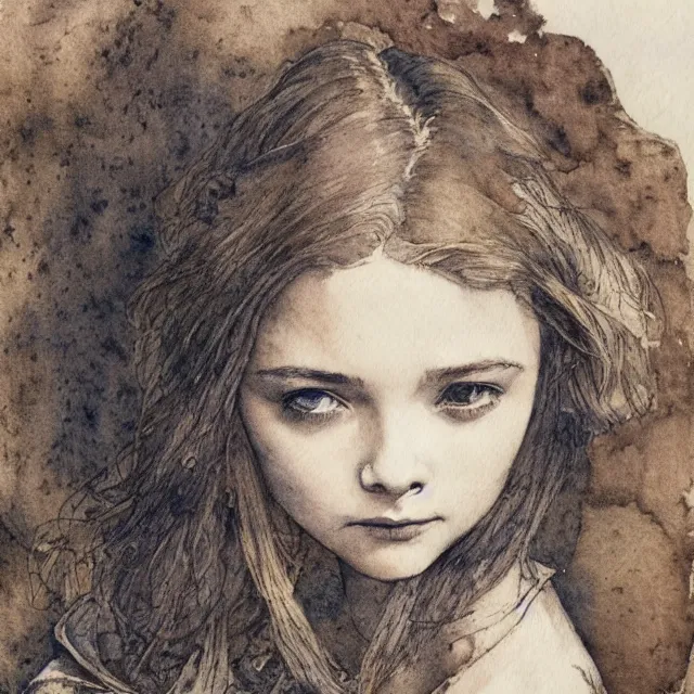 Prompt: a detailed, intricate watercolor and ink portrait illustration with fine lines of young 1 4 year old chloe grace moretz looking over her shoulder, by arthur rackham and edmund dulac and lisbeth zwerger