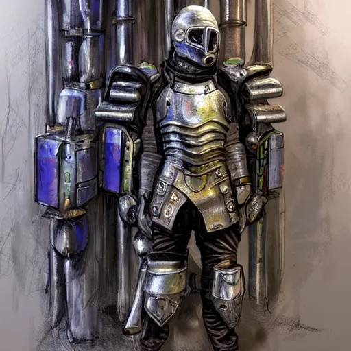 Prompt: cyberpunk medieval armor on rack in a studio, concept art, hyper realistic, hyper detailed, oil pastel,