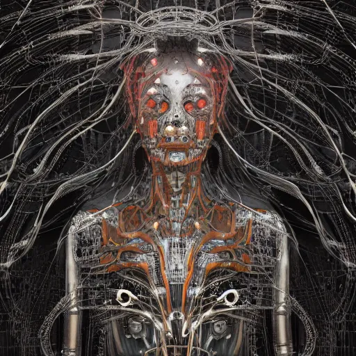 Prompt: cybernetic deity with circuitry skin and networked mind tripping on acid, bodies the exhibition, intricate detail, royo, whealan, giger, klimt, hd, octane render, unreal engine,