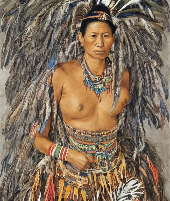 Image similar to full body shot picture of indigenous people young slim fit woman warrior in canyon, painted by lucian freud, intricate costume design, beautiful feathers, hd, super detailed, realistic