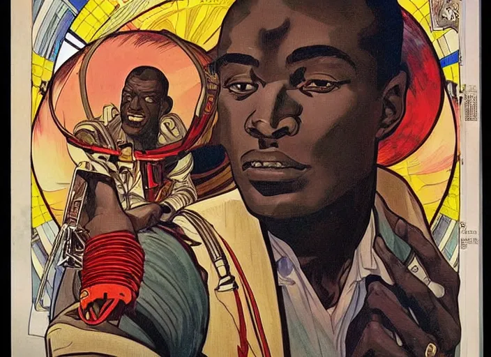 Image similar to an african man, dressed as an astronaut, well composed, clean, elegant painting, beautiful detailed face, comic book art by steve ditko and jack kirby and ( alphonse mucha )