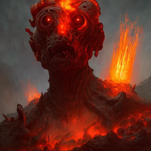 Image similar to a doom lord by an erupting volcano, au naturel, hyper detailed, digital art, trending in artstation, cinematic lighting, studio quality, smooth render, unreal engine 5 rendered, octane rendered, art style by klimt and nixeu and ian sprigger and wlop and krenz cushart