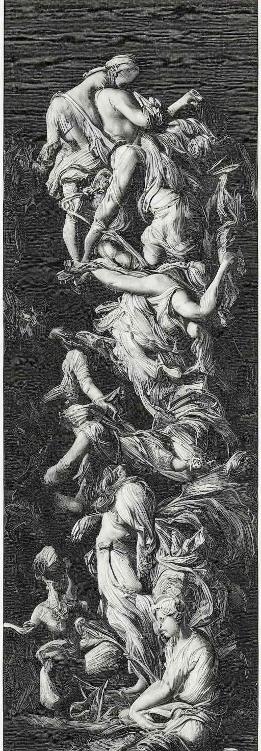 Prompt: a monochromatic engraving by didier comes