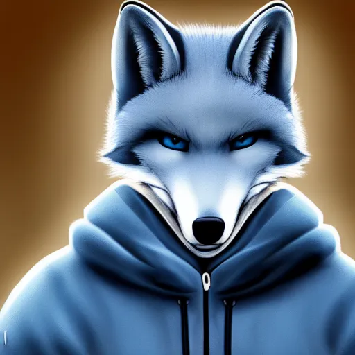 Image similar to anthropomorphic male blue fox furry fursona with handsome eyes, wearing a white hoodie, dramatic action movie poster, realistic hdr