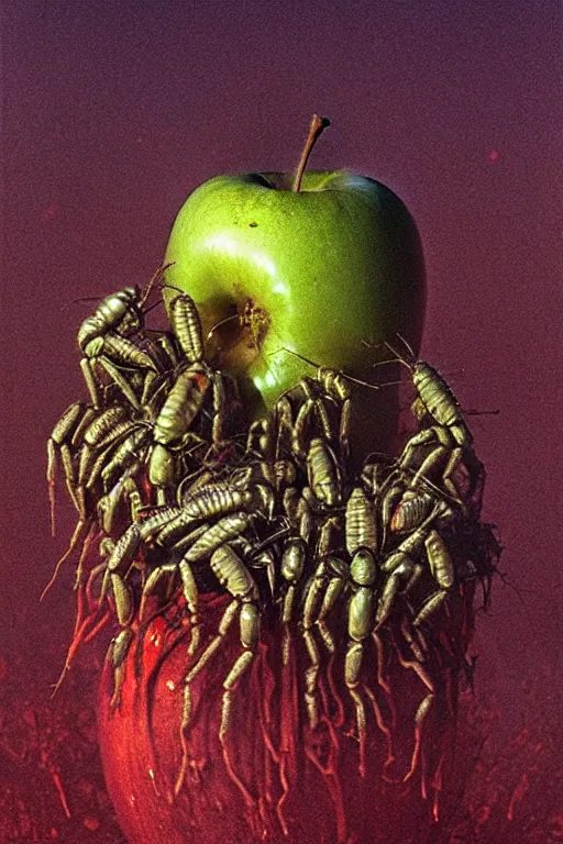 Prompt: horde of bugs eating the inside of an apple, close up of an apple, by zdzislaw beksinski, by dariusz zawadzki, by wayne barlowe, gothic, surrealism, cosmic horror, lovecraftian, cold hue's, warm tone gradient background, concept art, beautiful composition