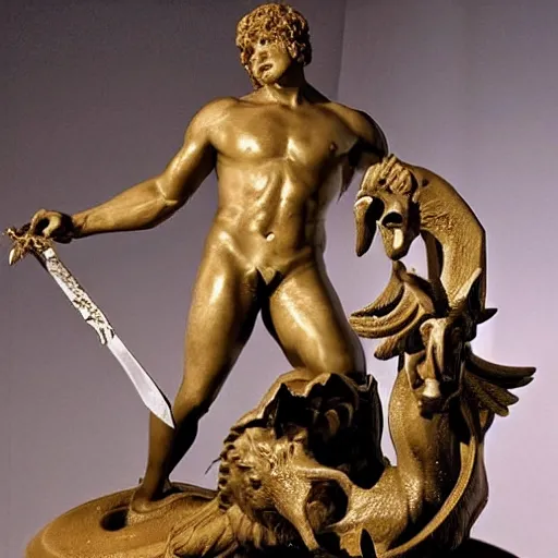 Image similar to The kinetic sculpture depicts the mythical hero Hercules in the moments after he has completed one of his twelve labors, the killing of the Hydra. Hercules is shown standing over the dead Hydra, his body covered in blood and his right hand still clutching the sword that slew the beast. His face is expressionless, betraying neither the exhaustion nor the triumph that must surely accompany such a feat. dark blue, cosmic nebulae by Ando Fuchs elegant