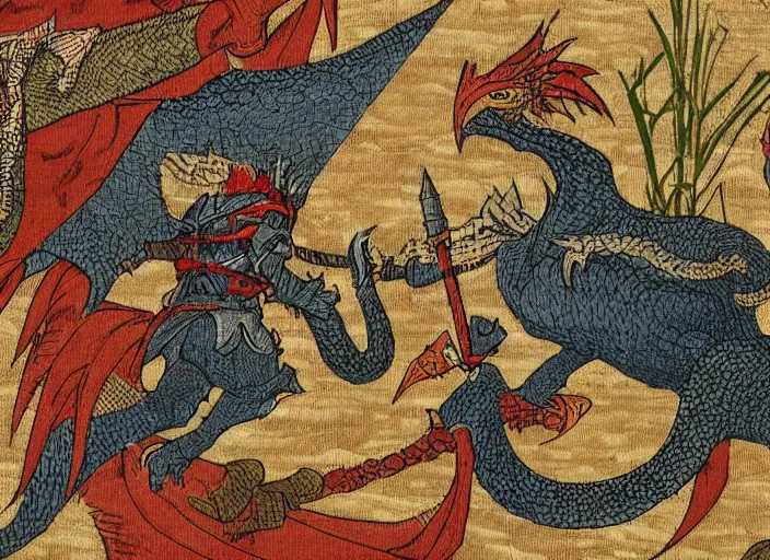 Prompt: Hunter fighting against a Rathalos in medieval tapestry, Monster Hunter, historic, highly detailed, 8k