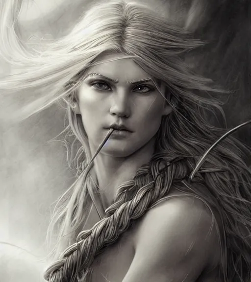 Image similar to medium shot of beautiful aphrodite goddess as an archer warrior, beautiful piercing eyes, flowing blonde hair, realistic face, black and white drawing, in the style of greg rutkowski, fantasy, amazing detail, epic, intricate, elegant, smooth, sharp focus